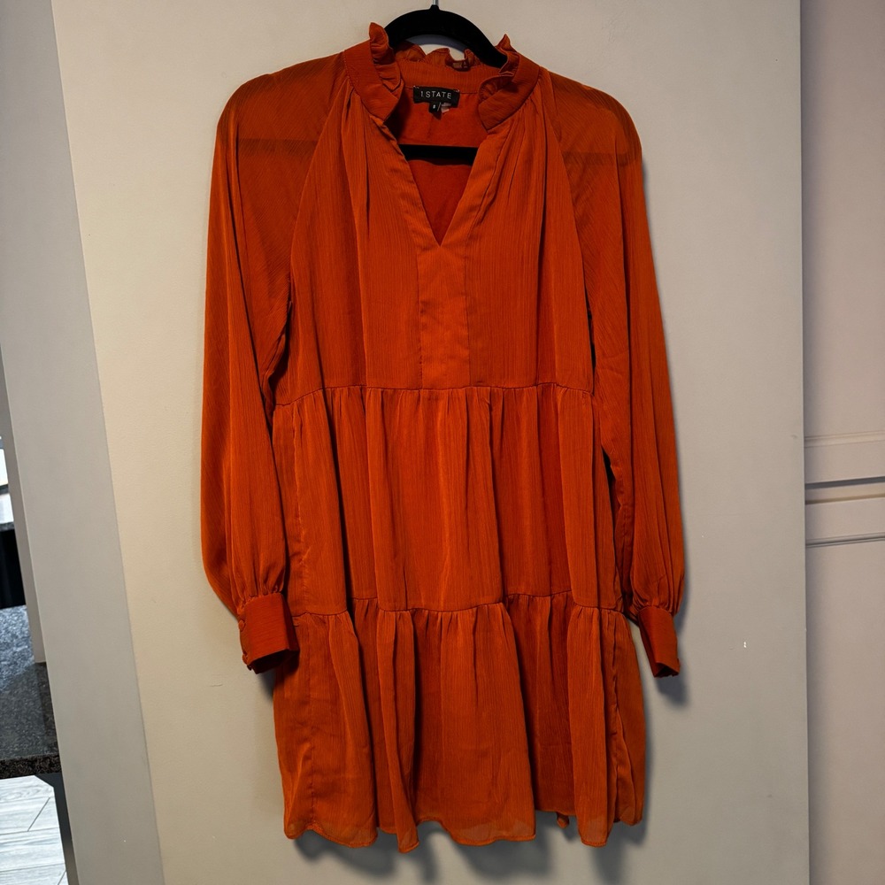 1.State Rust Orange Ruffle Neck Long Sleeve Tiered Mini Dress S‎